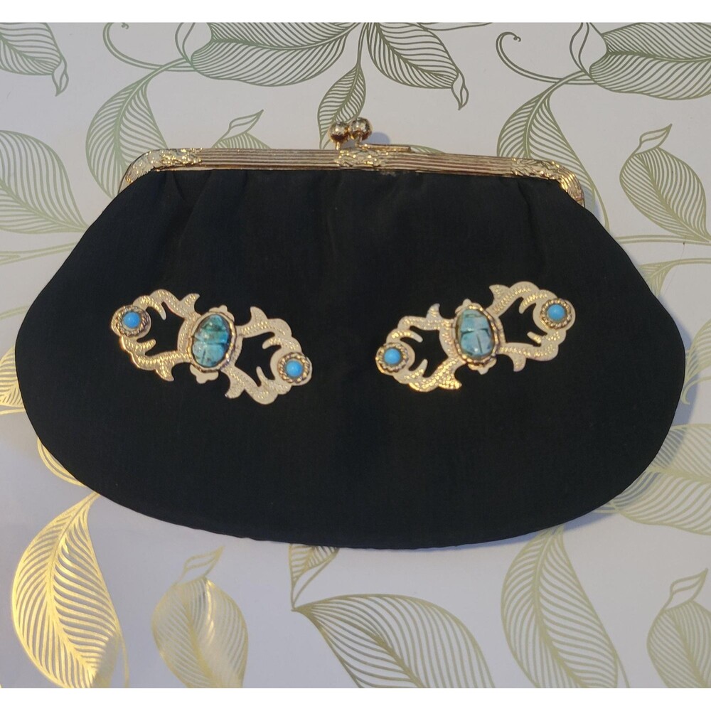 1950s Egyptian Revival Black Silk Clutch Purse Carved Turquoise Scarab Filigree